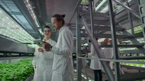 Genetic-engineering.-Doctors-in-white-coats-look-and-adjust-the-work-of-the-vertical-farm-checking-the-plants-and-looking-into-the-screens-of-tablets