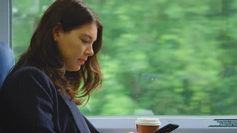 Mujer-De-Negocios-Con-Café-Para-Llevar-Viajando-Al-Trabajo-En-Tren-Mirando-El-Teléfono-Móvil