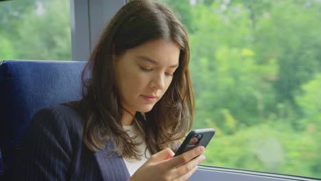 Mujer-De-Negocios-Viajando-A-Trabajar-En-Tren-Mirando-El-Teléfono-Móvil