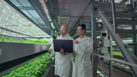 Wissenschaftler-In-Weißen-Kitteln-Mit-Laptop-Und-Tablet-Auf-Einer-Vertikalen-Farm-Mit-Hydrokultur-Erfassen-Im-Rechenzentrum-Forschungsdaten-Zu-Gemüse-Für-Die-Analyse-Und-Programmierung-Von-Bewässerungspflanzen.