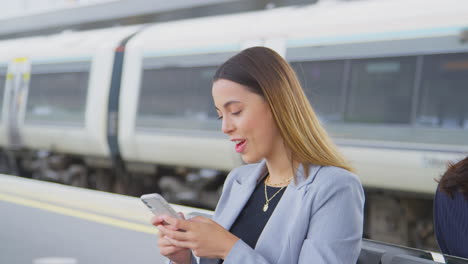 Businesswoman-Waiting-On-Train-Platform-With-Wireless-Earbuds-Answers-Call-On-Mobile-Phone