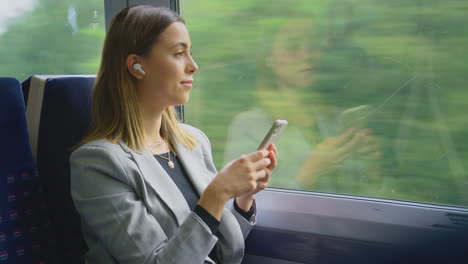 Businesswoman-With-Wireless-Earbuds-Commuting-To-Work-On-Train-Looking-At-Mobile-Phone
