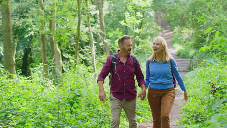 Loving-Mature-Couple-In-Countryside-Hiking-Along-Path-Through-Forest-Holding-Hands-Together