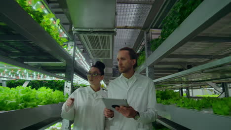 Modern-farmers-of-the-future-monitor-the-growth-of-plants-and-grow-pure-unmodified-natural-products-in-vertical-farms-with-hydroponics.-The-camera-moves-on-gimbal