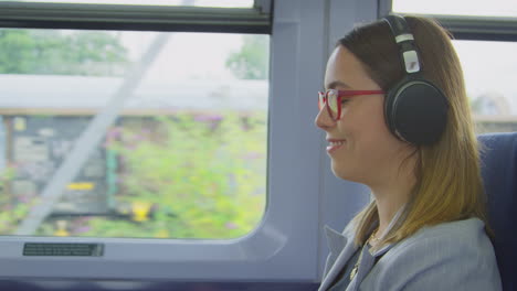 Businesswoman-With-Takeaway-Coffee-Wearing-Wireless-Headphones-Commuting-To-Work-On-Train