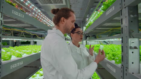 Medium-shot-of-two-scientists-man-and-woman-in-white-coats-holding-test-tube-and-tablet-computer-and-examining-samples-while-making-soil-tests-in-farm-greenhouse