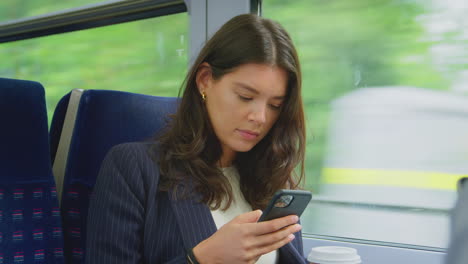 Businesswoman-With-Takeaway-Coffee-Commuting-To-Work-On-Train-Looking-At-Mobile-Phone