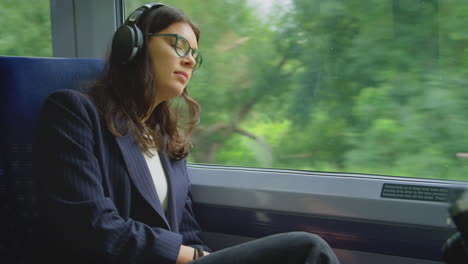 Mujer-De-Negocios-Con-Café-Para-Llevar-Usando-Auriculares-Inalámbricos-Viajando-Al-Trabajo-En-Tren