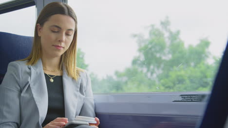 Businesswoman-With-Takeaway-Coffee-Commuting-To-Work-On-Train-Looking-At-Mobile-Phone
