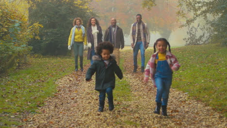 Portrait-Of-Smiling-Multi-Generation-Family-Walking-Through-Autumn-Countryside-Together