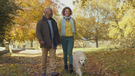 Älteres-Paar-Mit-Goldenem-Retriever-Hund-Beim-Spaziergang-In-Der-Herbstlichen-Landschaft