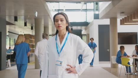 Portrait-Of-Female-Doctor-With-Serious-Expression-Wearing-White-Coat-Standing-In-Busy-Hospital-Building