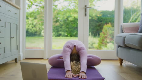Junge-Frau-Sitzt-Zu-Hause-Auf-Einer-Matte-Mit-Laptop-Und-Macht-Einen-Online-Yoga-Kurs