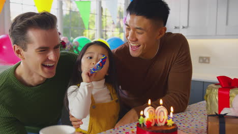 Familie-Mit-Zwei-Vätern-Und-Tochter-Feiert-Zu-Hause-Den-30.-Geburtstag-Der-Eltern-Mit-Kuchen-Und-Partygebläse