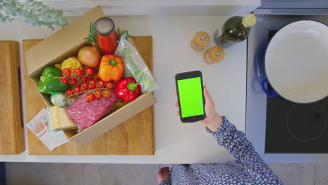 Overhead-shot-of-woman-in-kitchen-with-fresh-ingredients-looking-for-online-recipe-on-green-screen-mobile-phone---shot-in-slow-motion