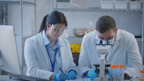 Male-And-Female-Lab-Workers-Conducting-Research-Using-Microscope-And-Recording-Result-On-Computer