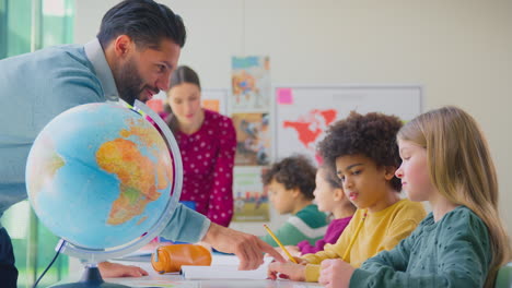 Gruppe-Multikultureller-Schüler-Mit-Lehrern-Im-Klassenzimmer,-Die-Im-Geographieunterricht-Auf-Den-Globus-Schauen