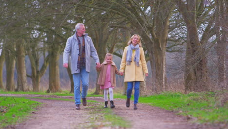Grandparents-Swinging-Granddaughter-Outside-Walking-Through-Winter-Countryside-Holding-Hands