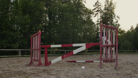 SLOW-MOTION-CLOSE-UP-LOW-ANGLE:-Horsegirl-riding-strong-brown-horse-jumping-the-fence-in-sunny-outdoors-sandy-parkour-dressage-arena.-Competitive-rider-training-jumping-over-obstacles-in-manege