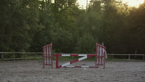 Young-woman-jumps-horse-over-an-obstacle-during-her-training-in-an-arena.-Young-woman-jumps-horse-over-an-obstacle-during-an-event-in-an-arena.-Sport.-Aims