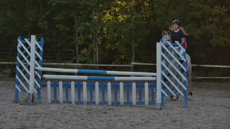 Junge-Reiterin-Auf-Einem-Braunen-Pferd-Springt-Bei-Einem-Pferdesport-Wettbewerb-über-Die-Hürde
