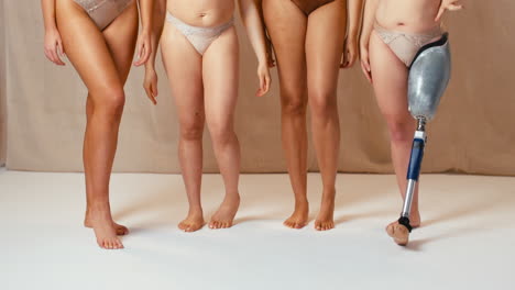 Gruppe-Verschiedener-Körperpositiver-Frauen,-Freunde,-Eine-Mit-Prothese-In-Unterwäsche-Und-Verschränkten-Armen