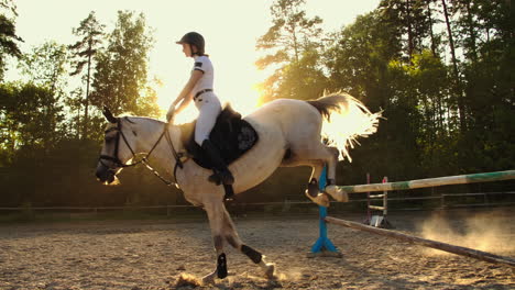 The-horsewoman-demonstrates-skills-in-jumping-with-her-horse-over-an-obstacle.