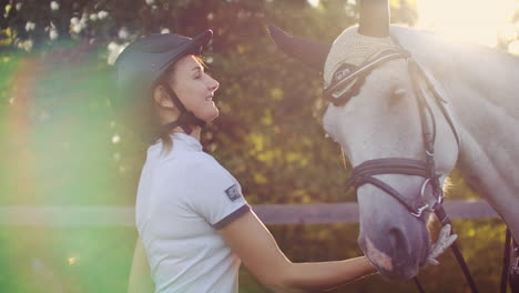 Girl-is-stroking-her-horse.-She-gives-love-to-horse.-It's-a-wonderful-day-with-her-lovely-friend.