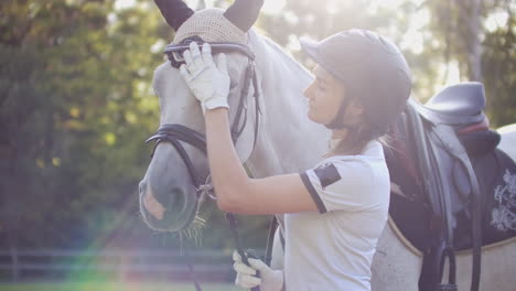 Girl-has-a-favorite-hobby-in-her-life.-She-has-horse-friend-in-the-horse-club-she-stroking-her-horse-it-shows-love-and-tenderness.-You-become-responsible-forever-for-what-you-ve-tamed.