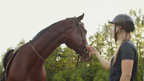 It's-a-beautifull-day-with-lovely-horse.-Girl-is-stroking-her-brown-horse.-These-are-amazing-emotions-and-tender-feelings.