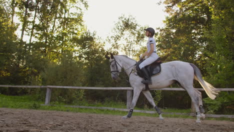 This-is-the-best-moment-of-horse-riding-training-for-girl.-She-demonstrates-galloping-skills-with-her-horse.