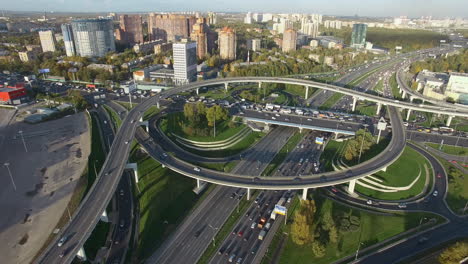 Aerial-shot-of-Moscow-cityscape-with-busy-interchanges-Russia