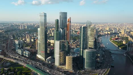 Aerial-view-of-Moscow-Russia-Cityscape-with-business-centre-traffic-and-river
