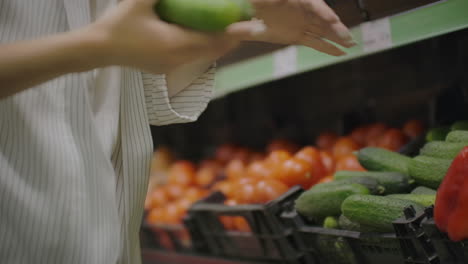 girl-woman-in-supermarket-buys-vegetables.-Woman-chooses-cucumbers.-Woman's-hands-taking-red-tomatoes-in-supermarket.-Close-up-selection-choosing-cucumbers-vegetable.-health-shopping-bask.