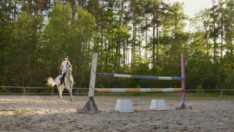 Young-women-demonstrates-professional-skills-in-the-show-jumping-with-a-horse-in-horse-club.
