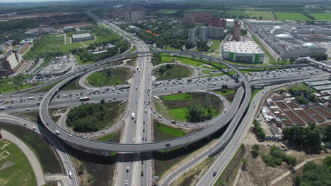 Flying-over-busy-interchange-with-circular-transport-traffic-in-Moscow-Russia