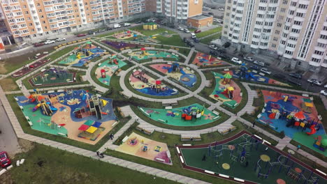 An-aerial-view-of-a-large-playground-area-in-a-residential-microdistrict