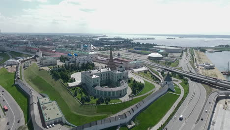 Aerial-panorama-of-old-Russian-city-Kazan-with-historic-landmarks