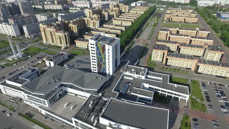 An-aerial-view-of-a-multi-storey-residential-district-on-a-bright-sunny-day