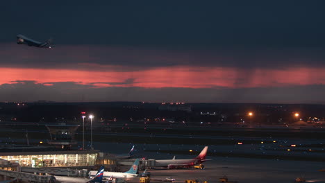 Evening-view-of-Sheremetyevo-Airport-and-AirBridgeCargo-plane-departing-Moscow