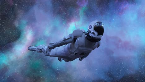 Astronaut-Fliegt-Vorbei-An-Violett-blauen-Wolken-Raum-Raumanzug-Neonfarbe-Die-Wolken-Drehen-Sich-Um-Die