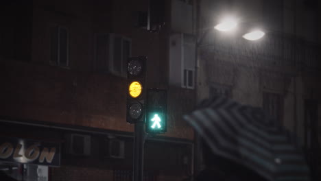 Pedestrians-walking-across-the-street-at-green-traffic-lights-night-view-in-the-rain