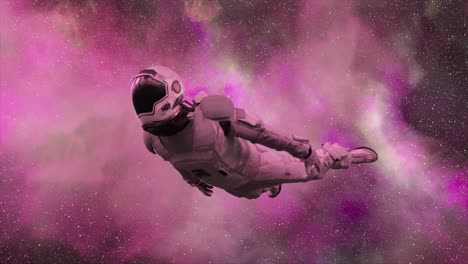 Astronaut-Fliegt-Vorbei-An-Lila-Wolken-Raum-Raumanzug-Neonfarbe-Die-Wolken-Drehen-Sich-Um-Die