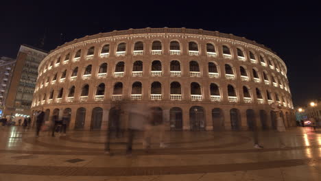 Night-timelapse-of-people-at-Plaza-de-Toros-in-Valencia