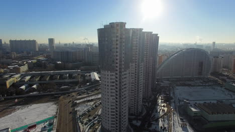 Aerial-winter-cityscape-of-Moscow-with-modern-apartment-buildings-Russia