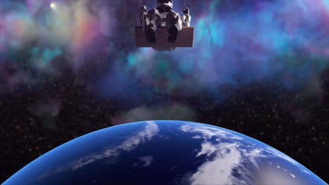 Astronautenschaukel-Auf-Dem-Hintergrund-Der-Erde-Im-Weltraum-Unterhalb-Der-Schwerkraft,-Surrealismus,-Sternenhimmel,-3D-Animation-Eines