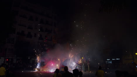 Fireworks-and-ninot-display-at-celebration-night-of-Las-Fallas-Spain