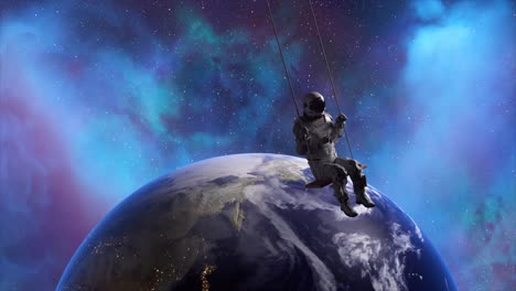 Abstraktes-Weltraumkonzept-Astronaut-Auf-Einer-Schaukel-Die-Erde-Ist-Im-Hintergrund-Blaue-Neonfarbe-3d
