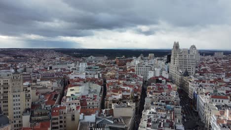Aerial-cityscape-with-vast-panorama-and-narrow-street-in-Madrid-Spain