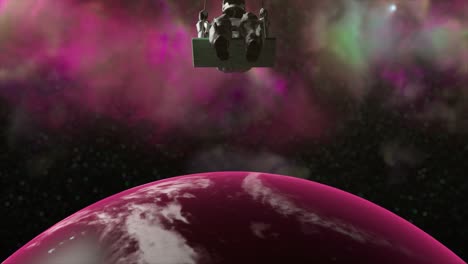 Weltraumkonzept-Astronaut-Schwingt-Lila-Neonwolken-Im-Hintergrund-Kosmonaut-Isolierte-Silhouette